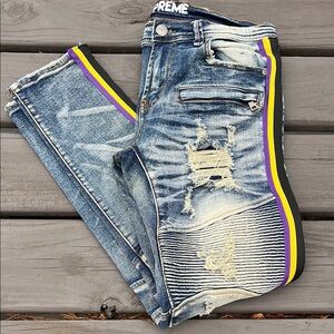Men's Preme Distressed Y2K Blue Jeans w/Yellow Purple Black Stripes 32x30